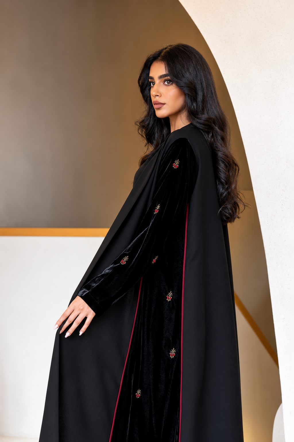 Black Velvet & Barbie Abaya with Burgundy Handwork - 0926208