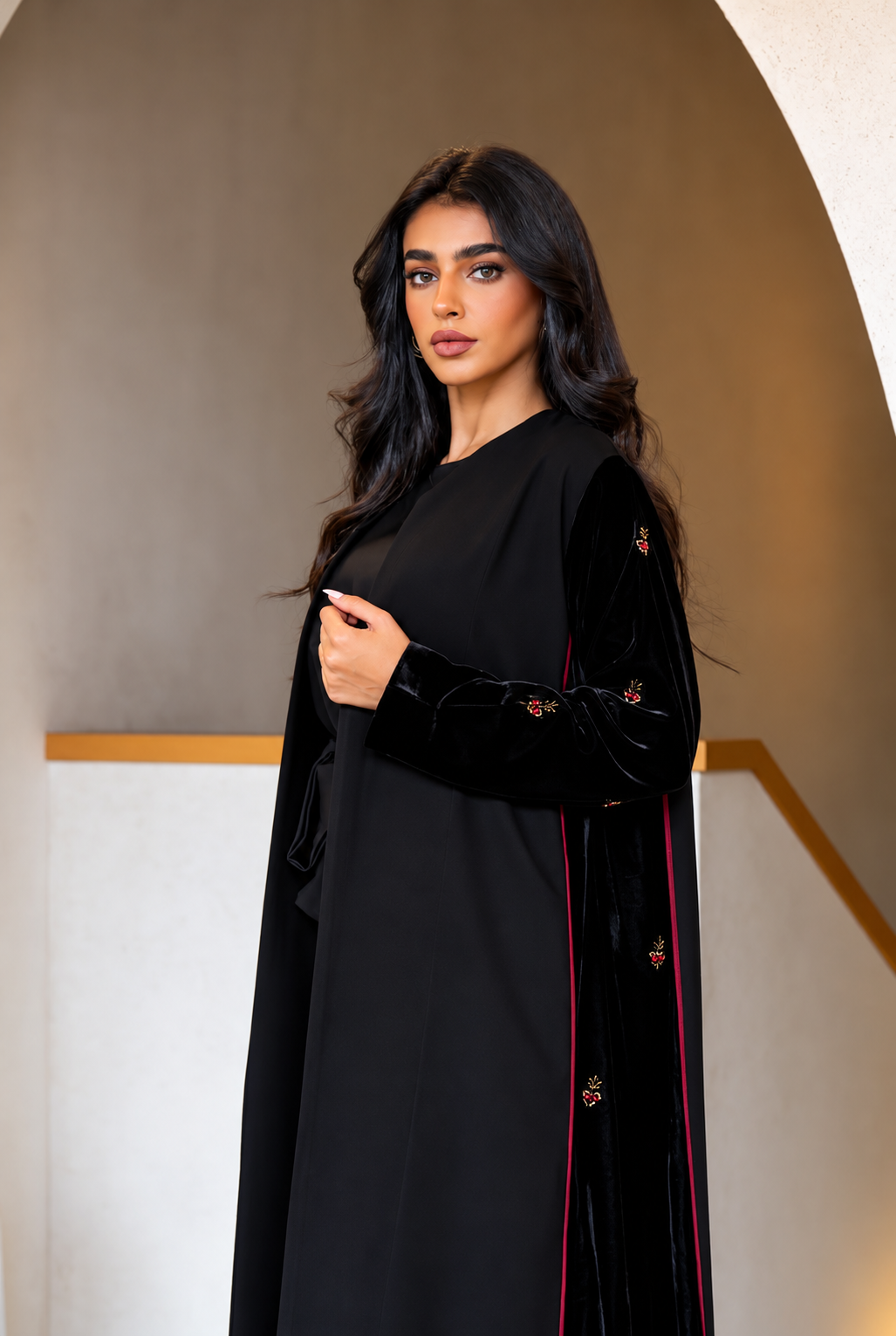 Black Velvet & Barbie Abaya with Burgundy Handwork - 0926208