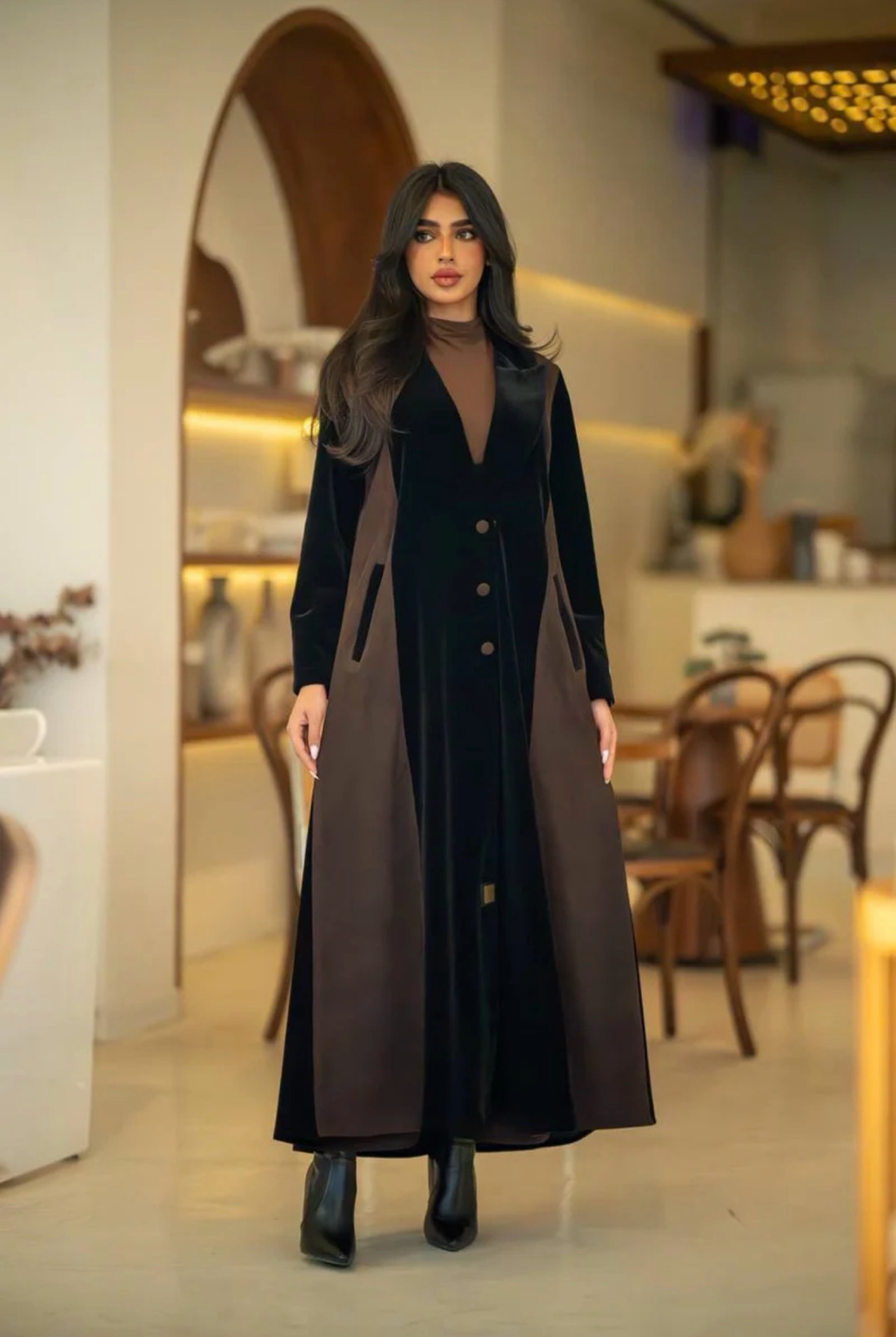 Black Velvet & Barbie Long Coat Abaya Set with Inner and Hijab - 0926209