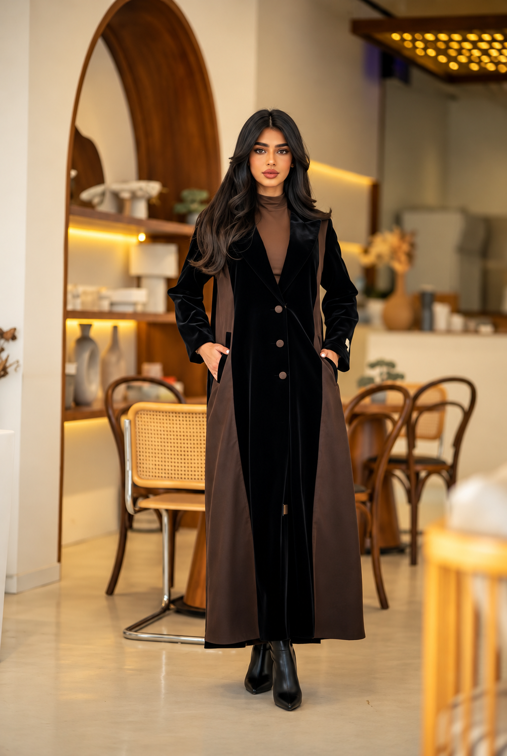 Black Velvet & Barbie Long Coat Abaya Set with Inner and Hijab - 0926209
