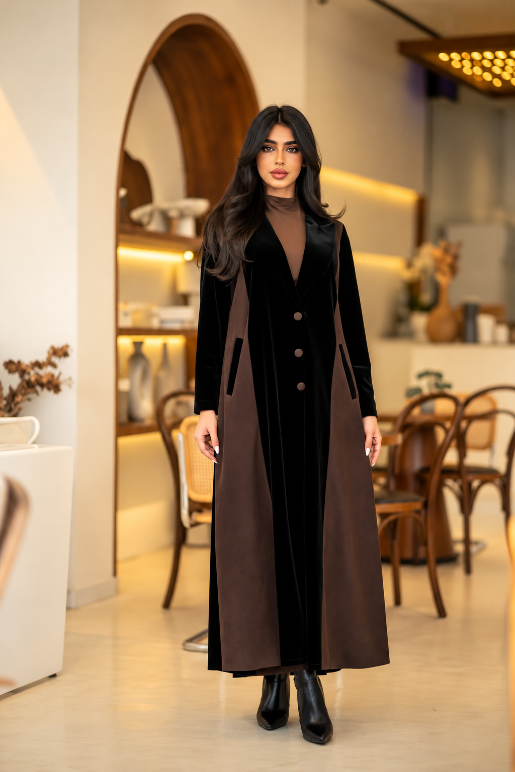 Black Velvet & Barbie Long Coat Abaya Set with Inner and Hijab - 0926209