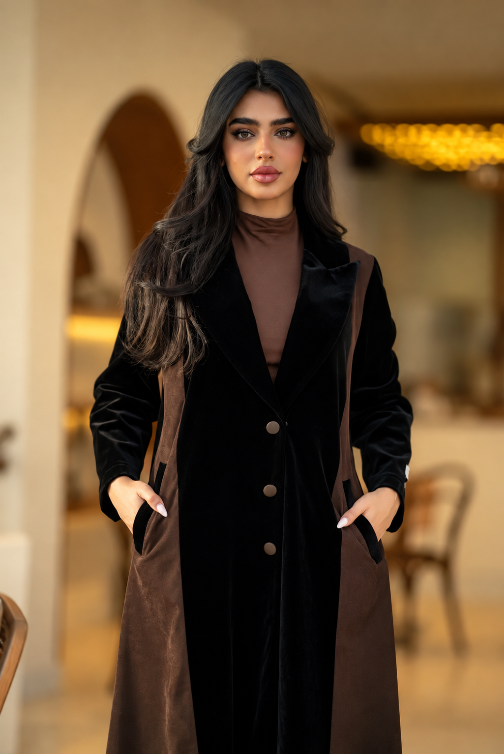Black Velvet & Barbie Long Coat Abaya Set with Inner and Hijab - 0926209