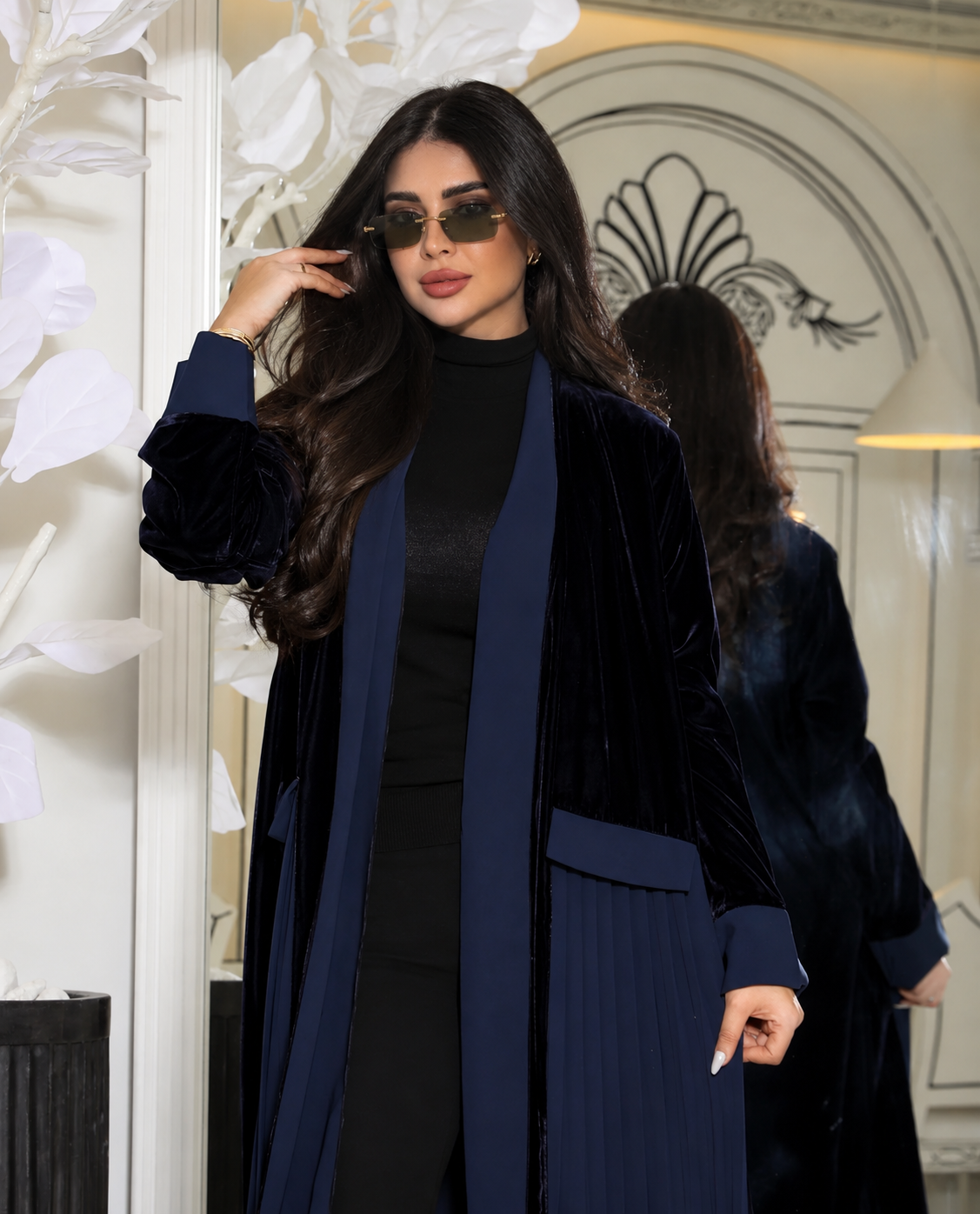 Navy Blue Velvet & Pleated Chiffon Abaya Set - 0926211