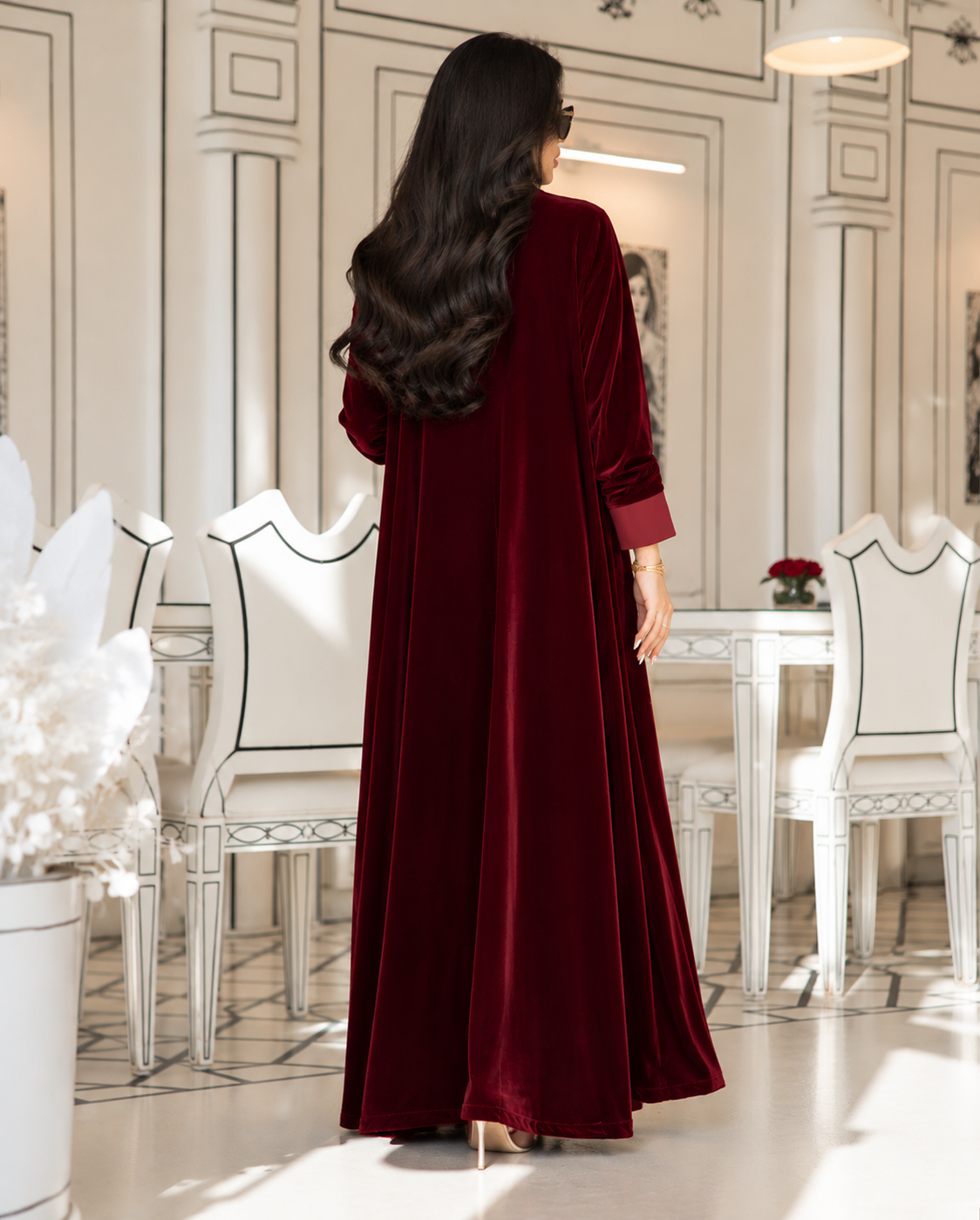 Burgundy Velvet & Pleated Chiffon Abaya Set - 0926213