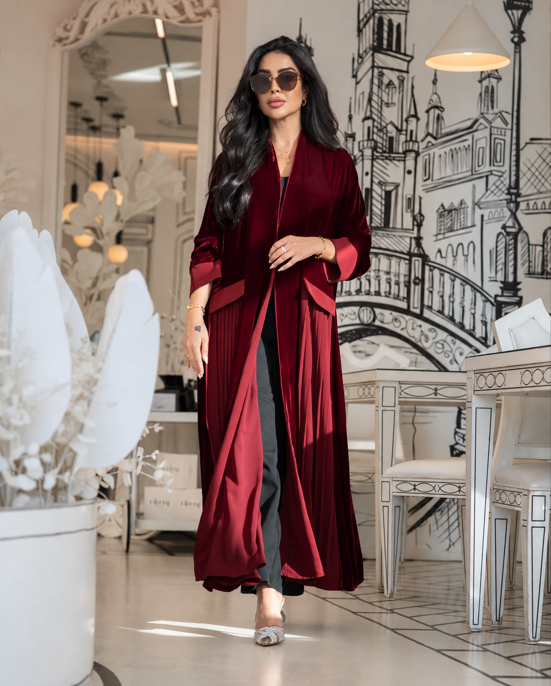 Burgundy Velvet & Pleated Chiffon Abaya Set - 0926213