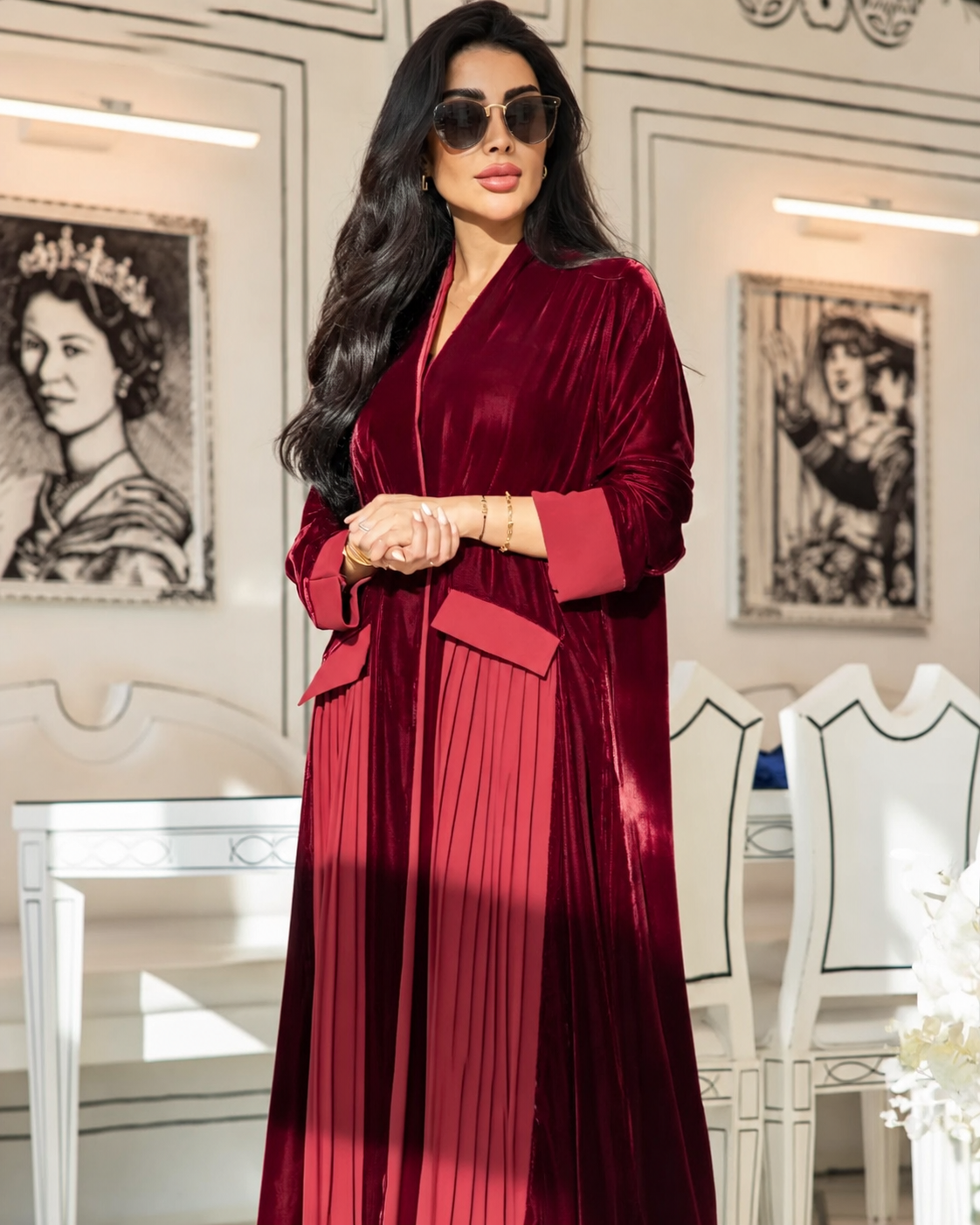 Burgundy Velvet & Pleated Chiffon Abaya Set - 0926213