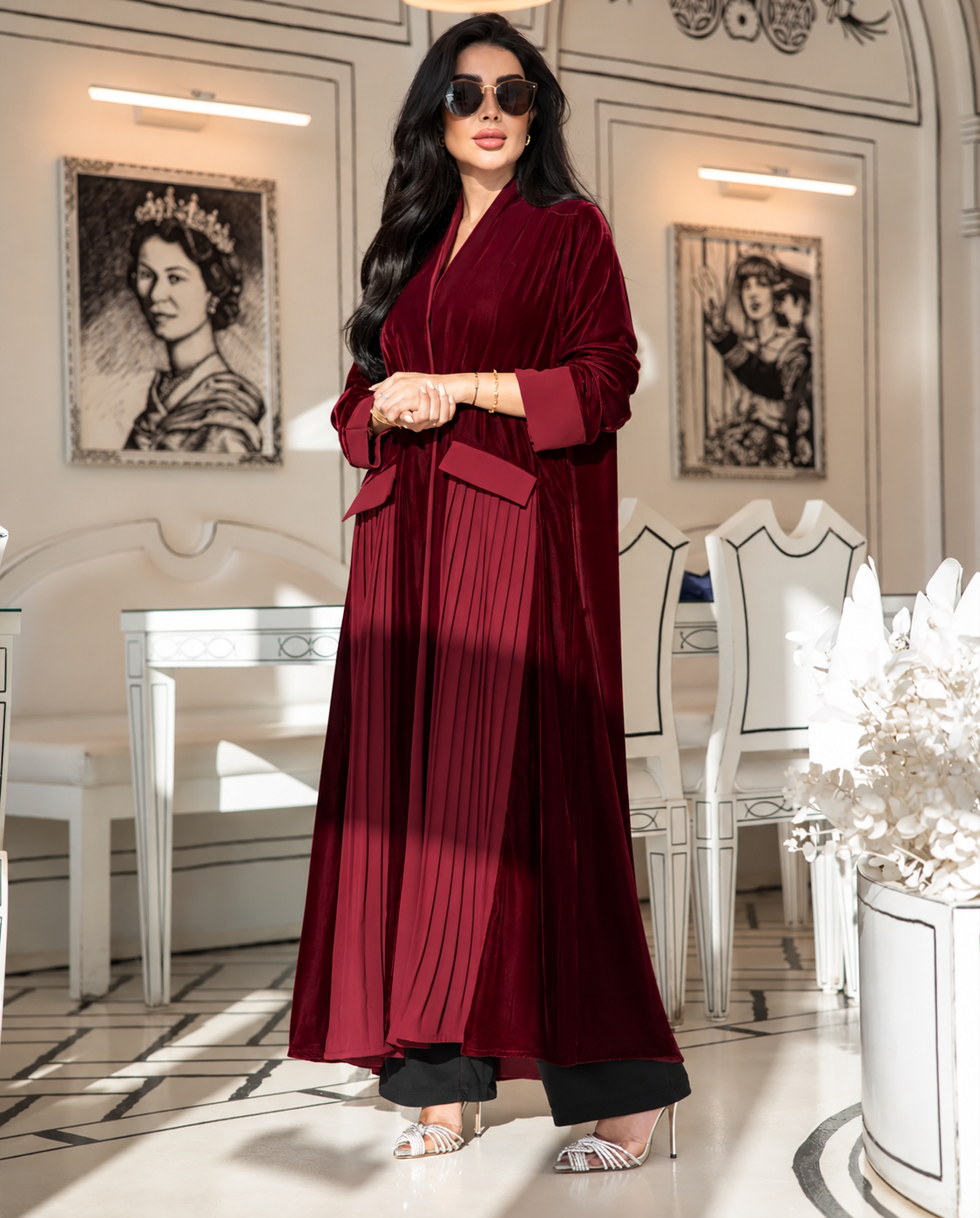 Burgundy Velvet & Pleated Chiffon Abaya Set - 0926213
