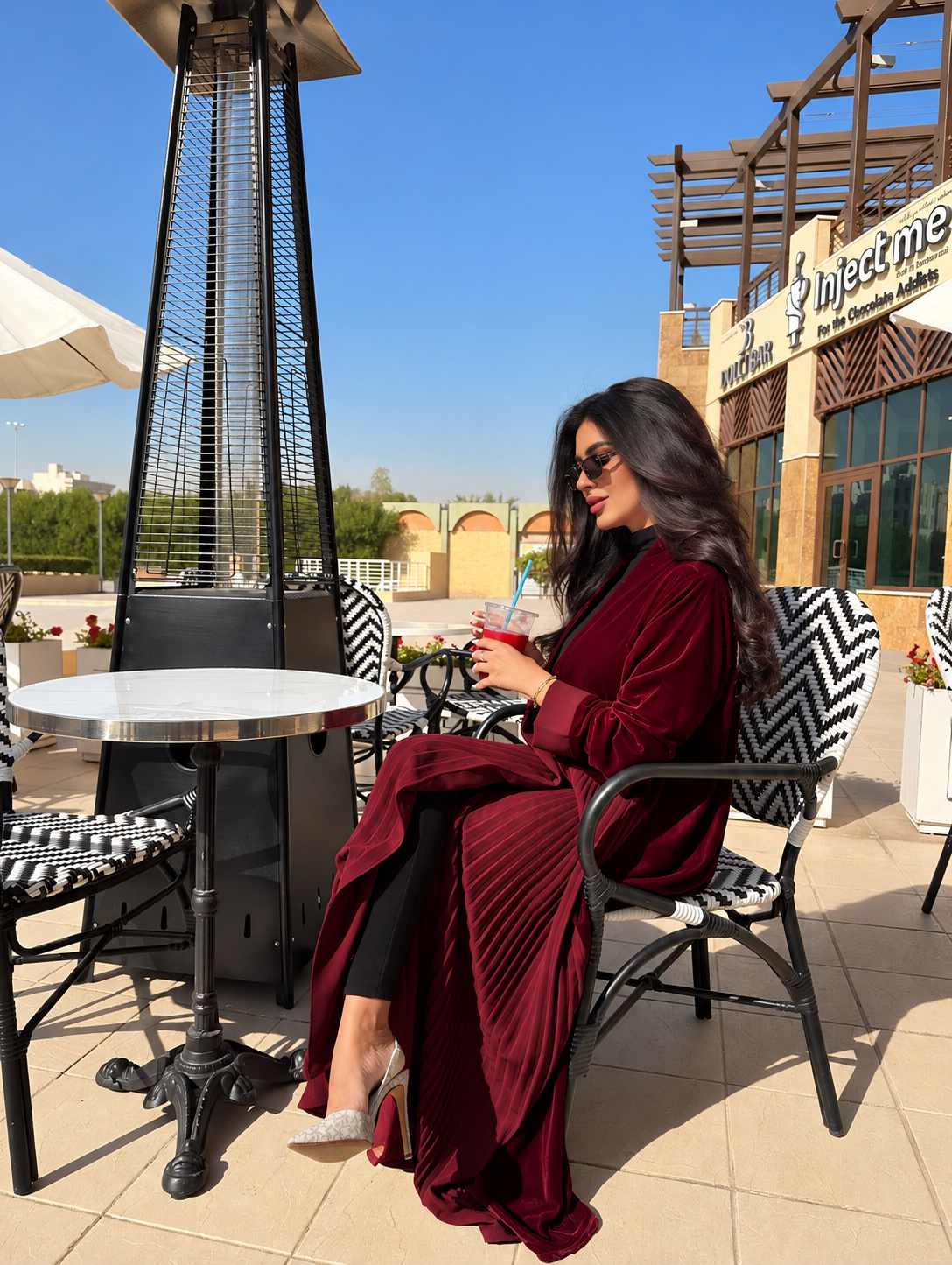 Burgundy Velvet & Pleated Chiffon Abaya Set - 0926213