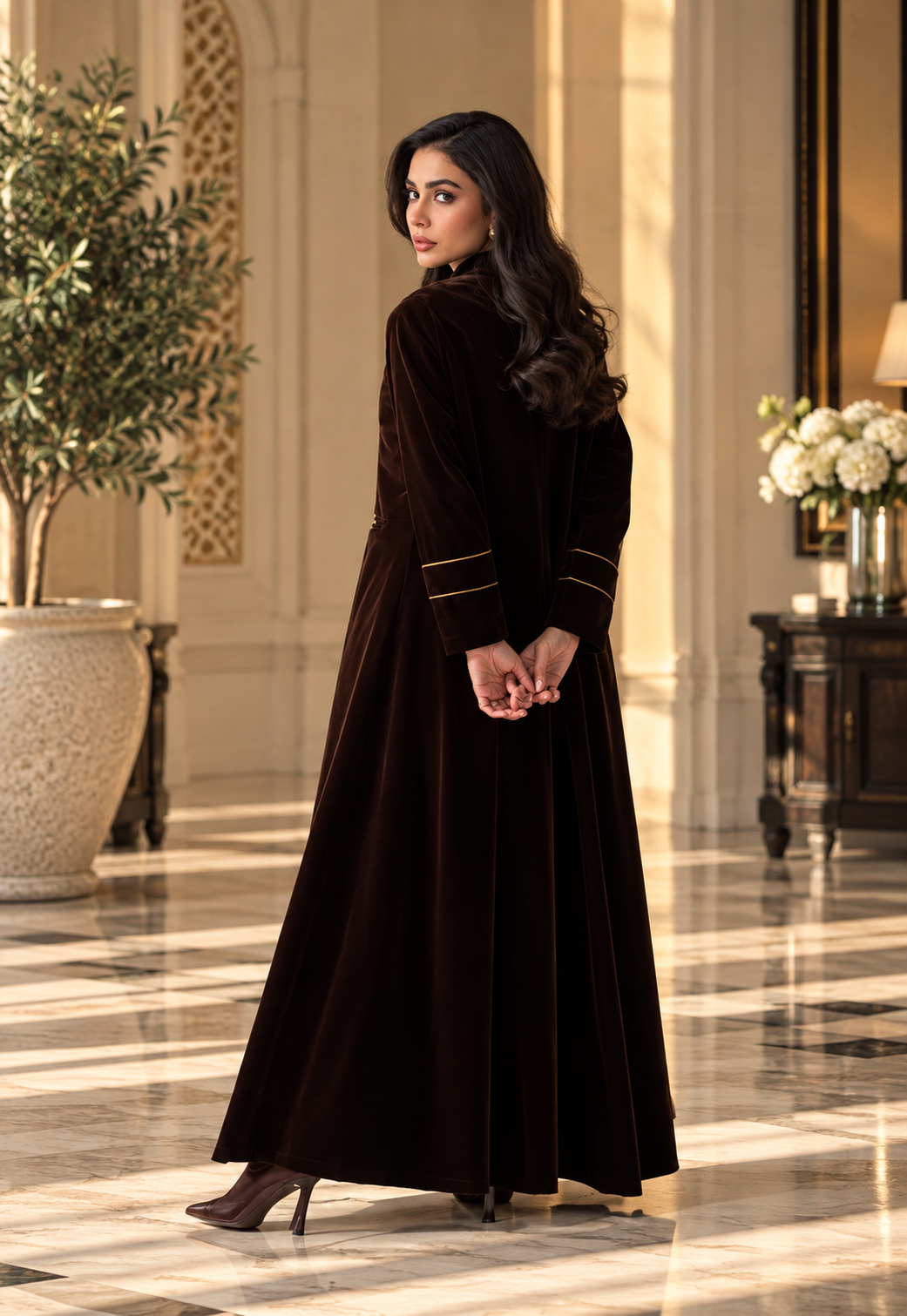 Dark Brown Velvet Abaya Set with Armani Silk Inner - 0926214