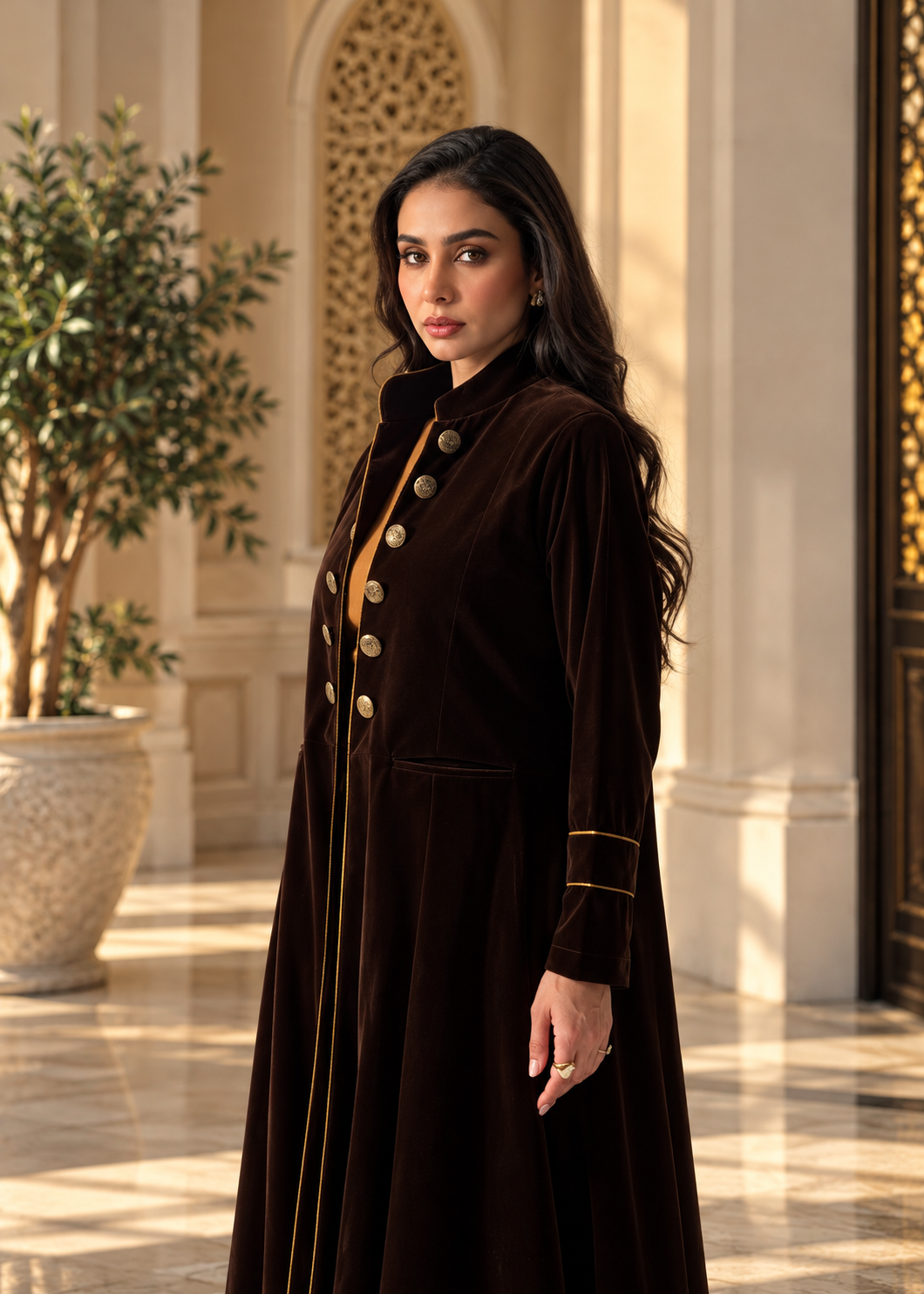 Dark Brown Velvet Abaya Set with Armani Silk Inner - 0926214