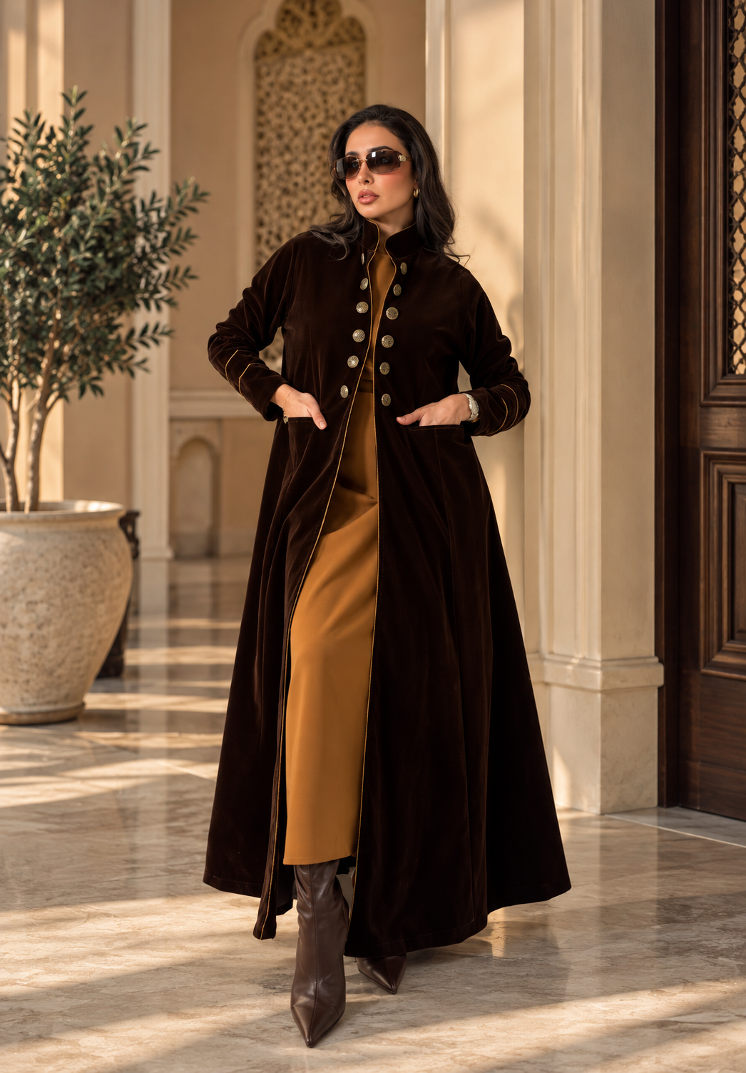 Dark Brown Velvet Abaya Set with Armani Silk Inner - 0926214