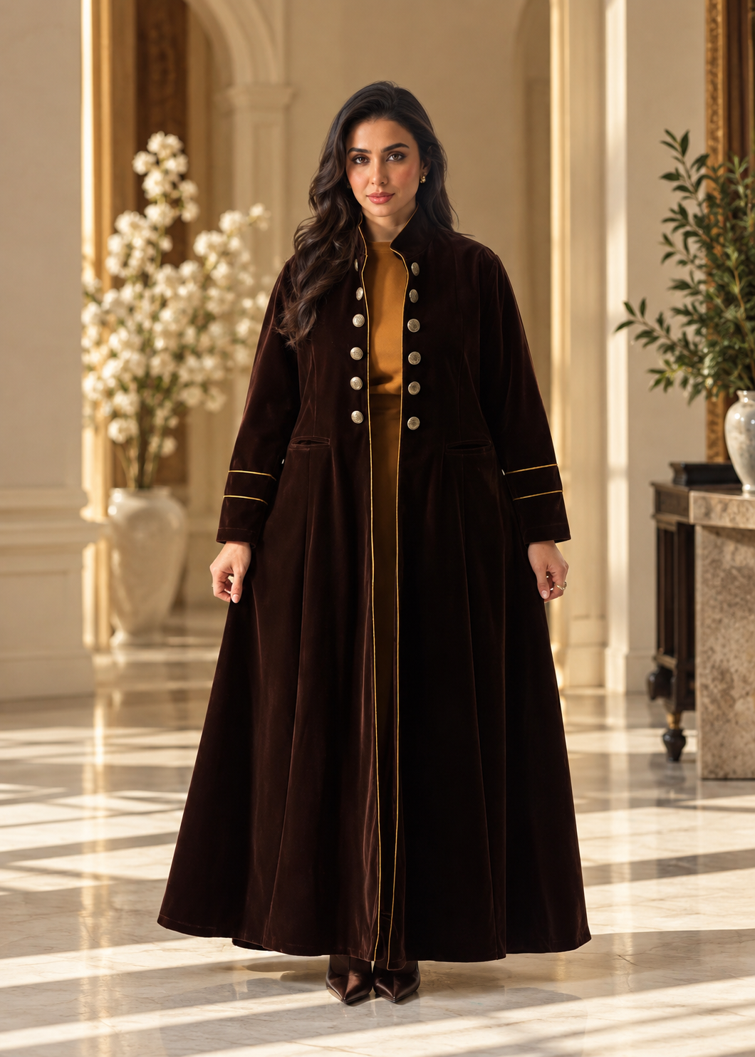 Dark Brown Velvet Abaya Set with Armani Silk Inner - 0926214