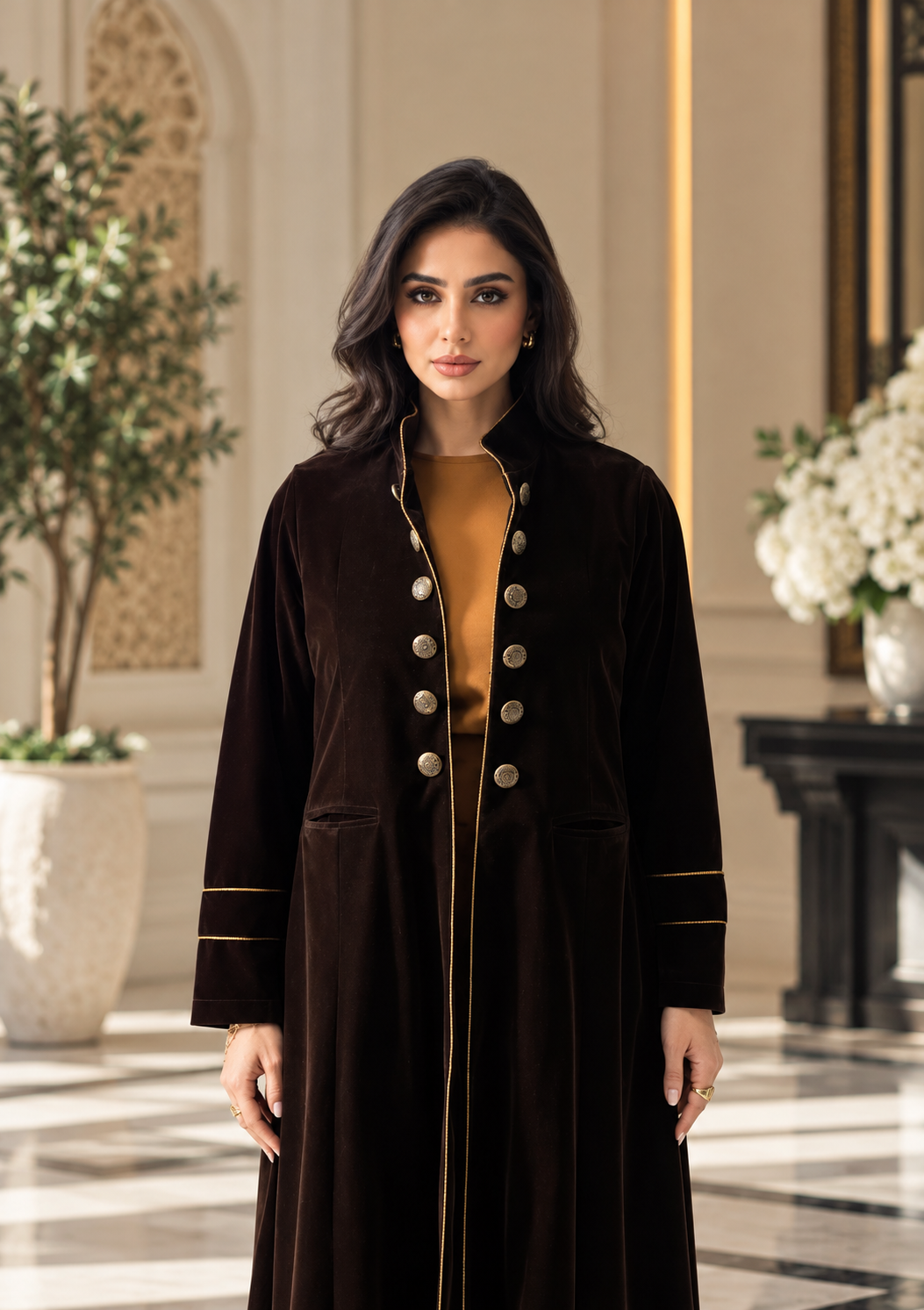 Dark Brown Velvet Abaya Set with Armani Silk Inner - 0926214