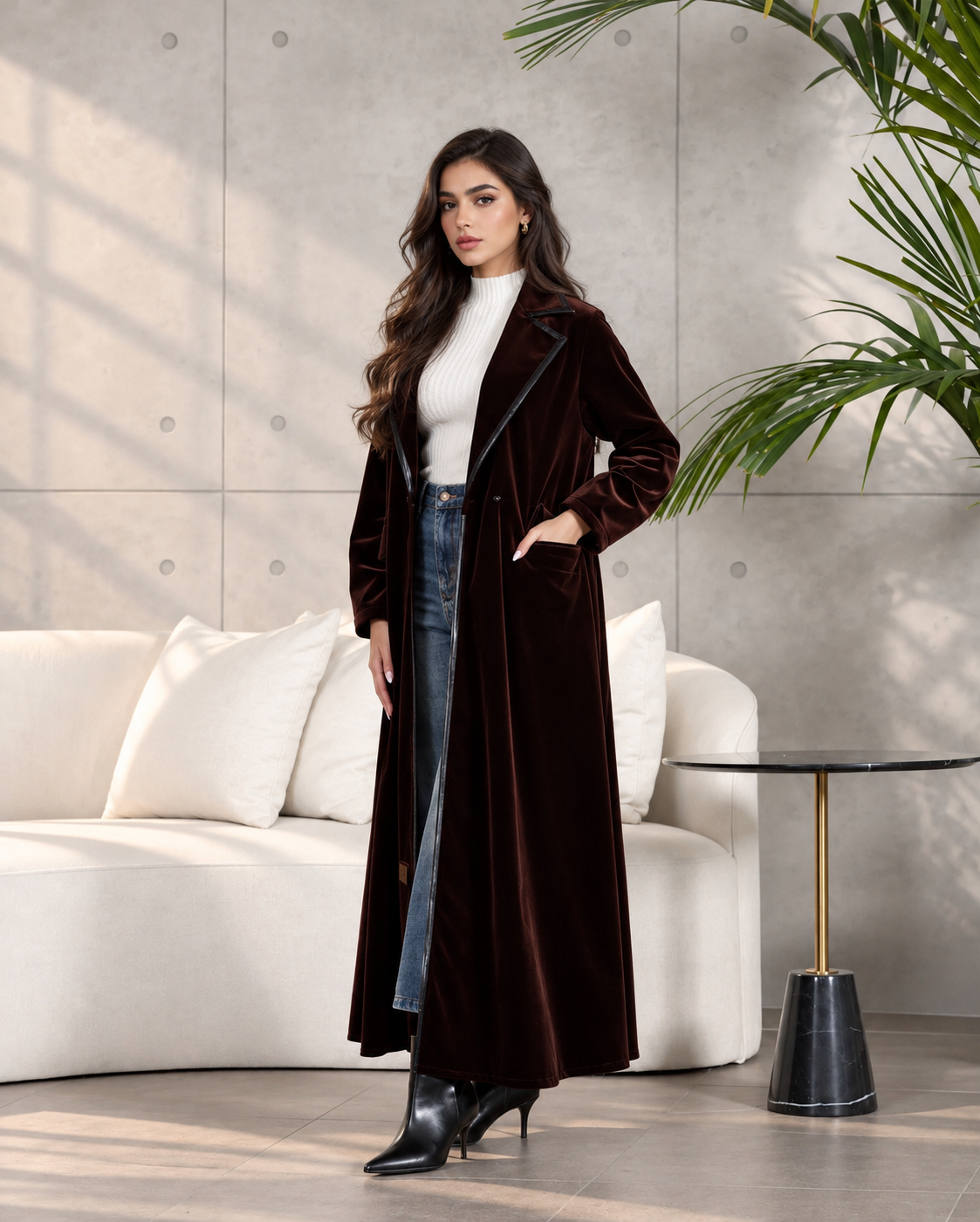 Chocolate Brown Velvet Jacket Abaya Set - 0926215