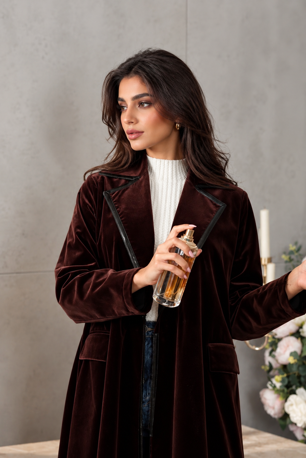 Chocolate Brown Velvet Jacket Abaya Set - 0926215