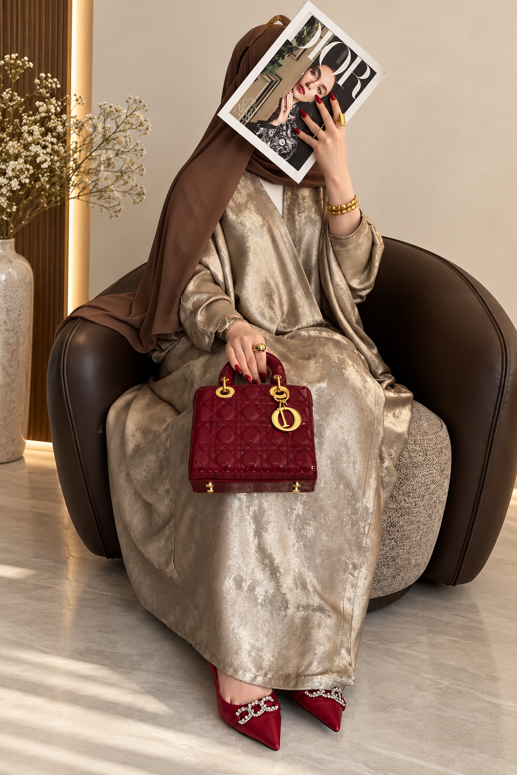 Champagne Turkish Silk Abaya Set with Hijab - 0926217