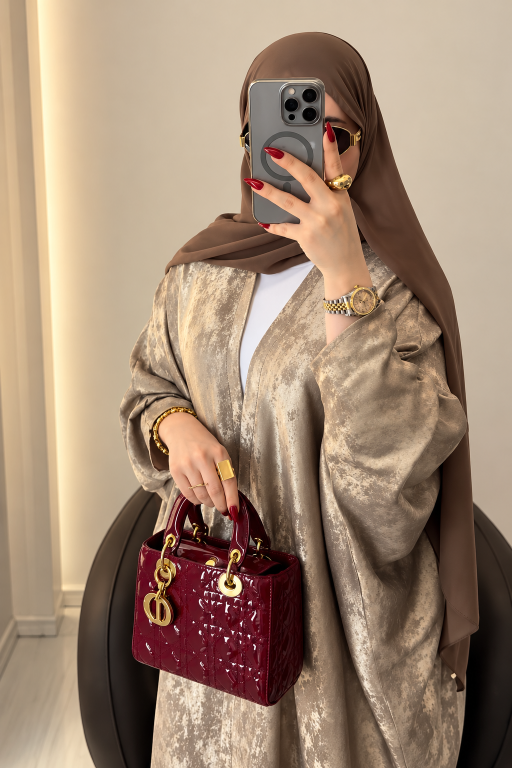 Champagne Turkish Silk Abaya Set with Hijab - 0926217