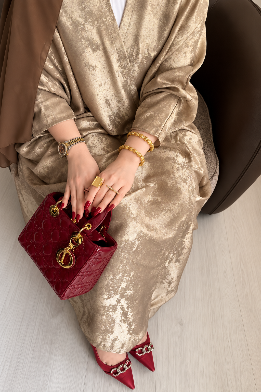 Champagne Turkish Silk Abaya Set with Hijab - 0926217