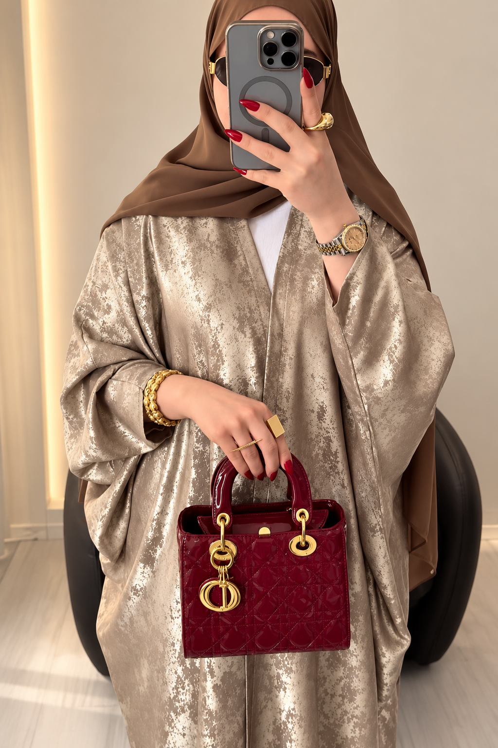 Champagne Turkish Silk Abaya Set with Hijab - 0926217