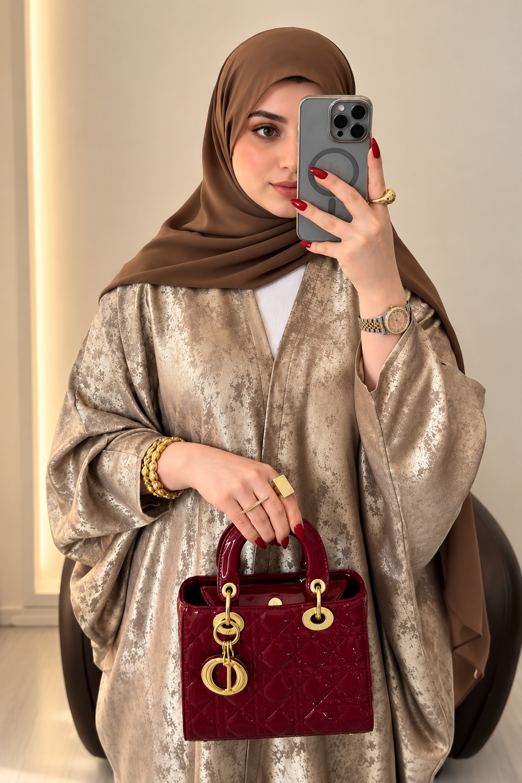 Champagne Turkish Silk Abaya Set with Hijab - 0926217