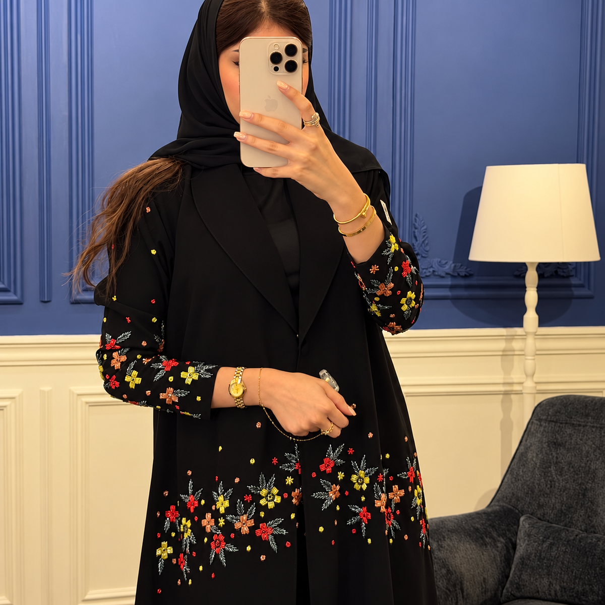 Black Floral  Designer Abaya - 0926218