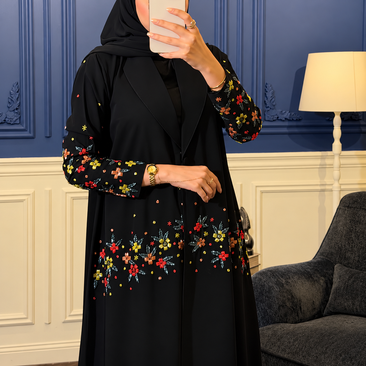 Black Floral  Designer Abaya - 0926218
