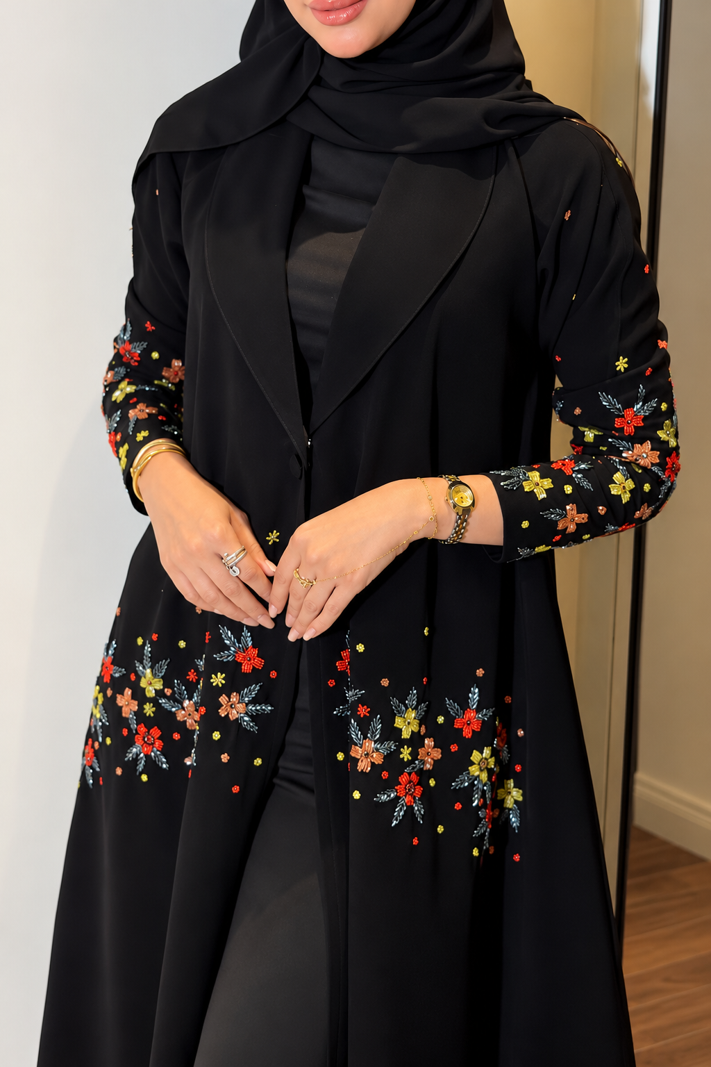Black Floral  Designer Abaya - 0926218