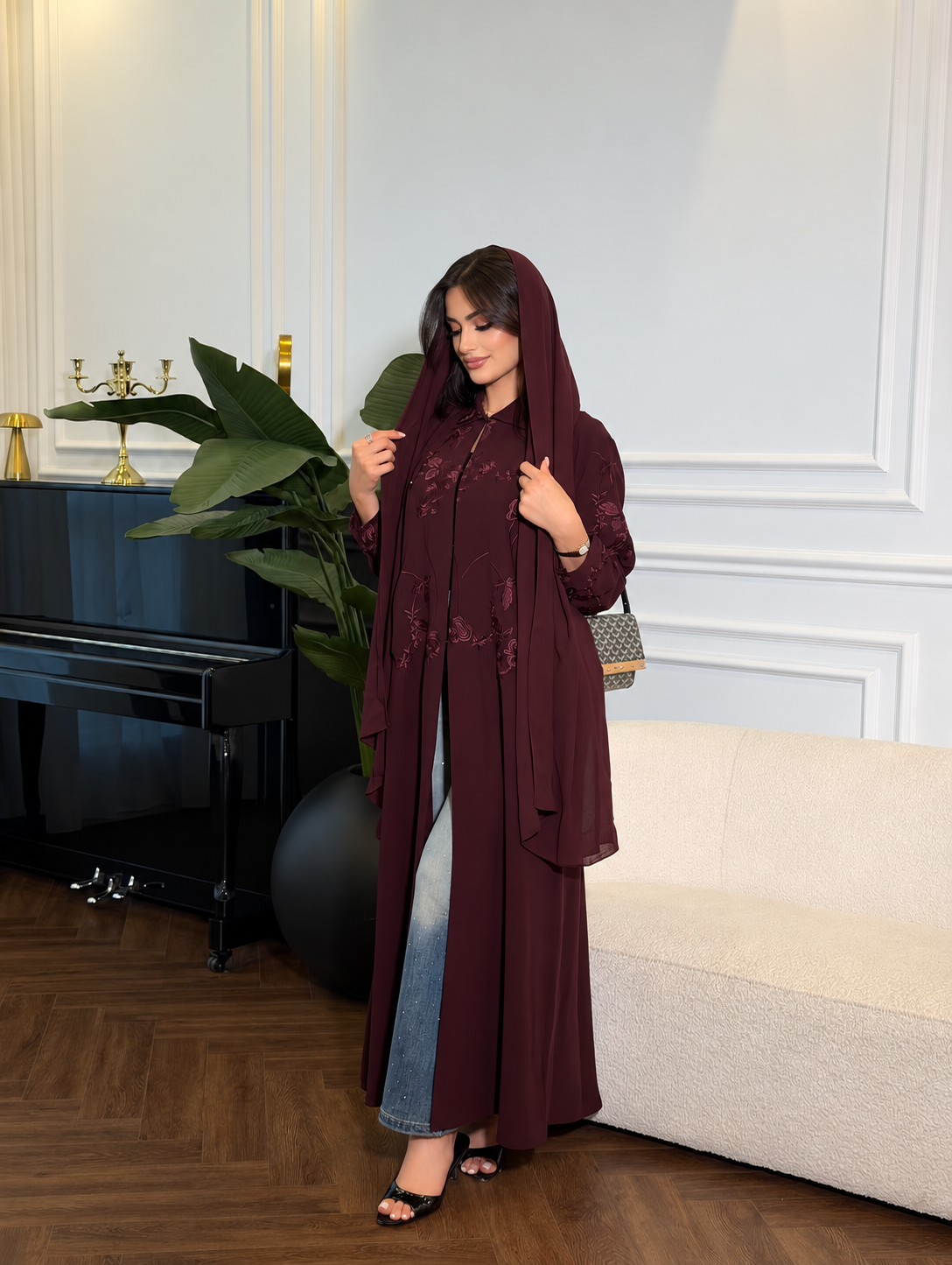 Burgundy Floral Embroidered Nida Designer Abaya - 0926221