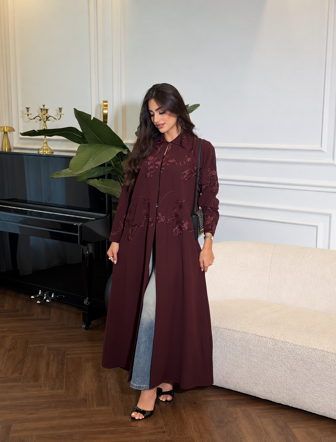 Burgundy Floral Embroidered Nida Designer Abaya - 0926221