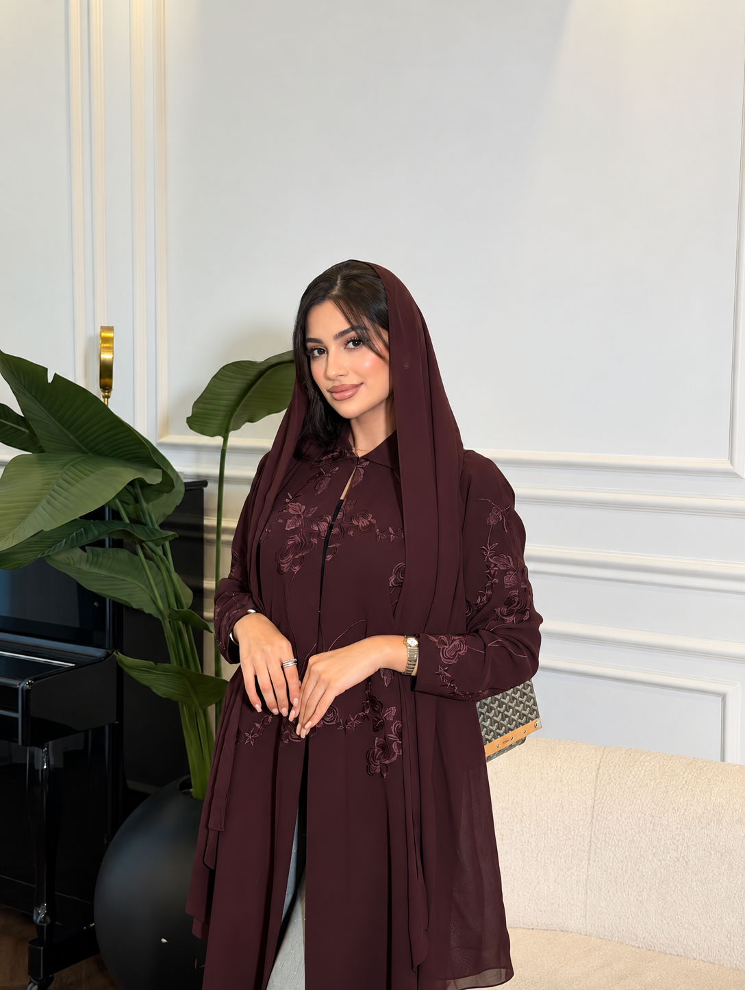 Burgundy Floral Embroidered Nida Designer Abaya - 0926221