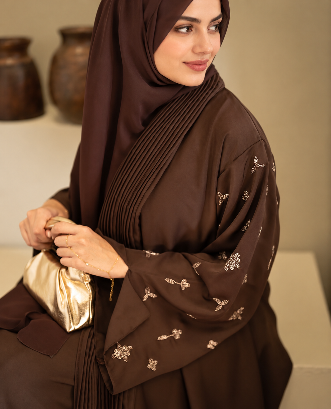 Chocolate Brown Pleated Nida Designer Abaya - 102601