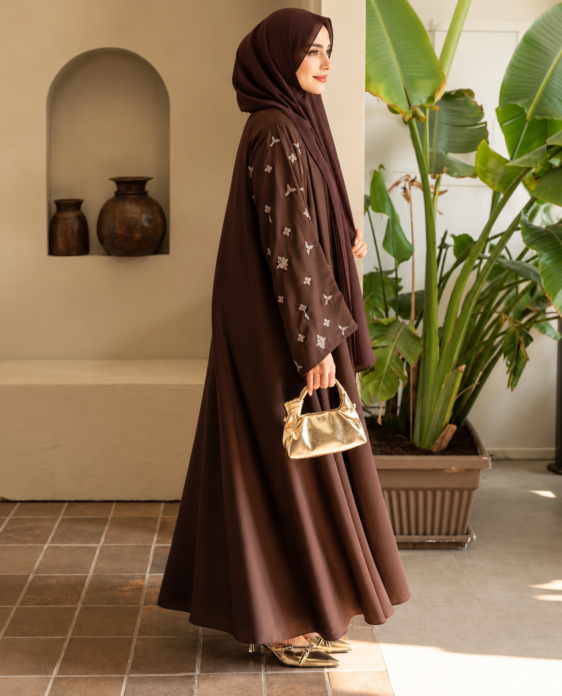 Chocolate Brown Pleated Nida Designer Abaya - 102601
