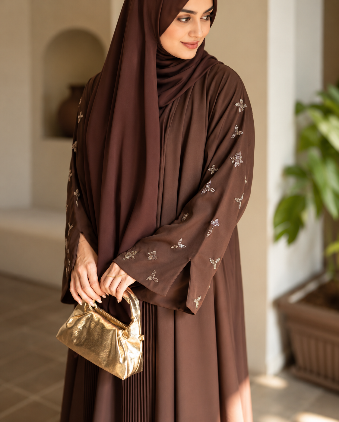 Chocolate Brown Pleated Nida Designer Abaya - 102601