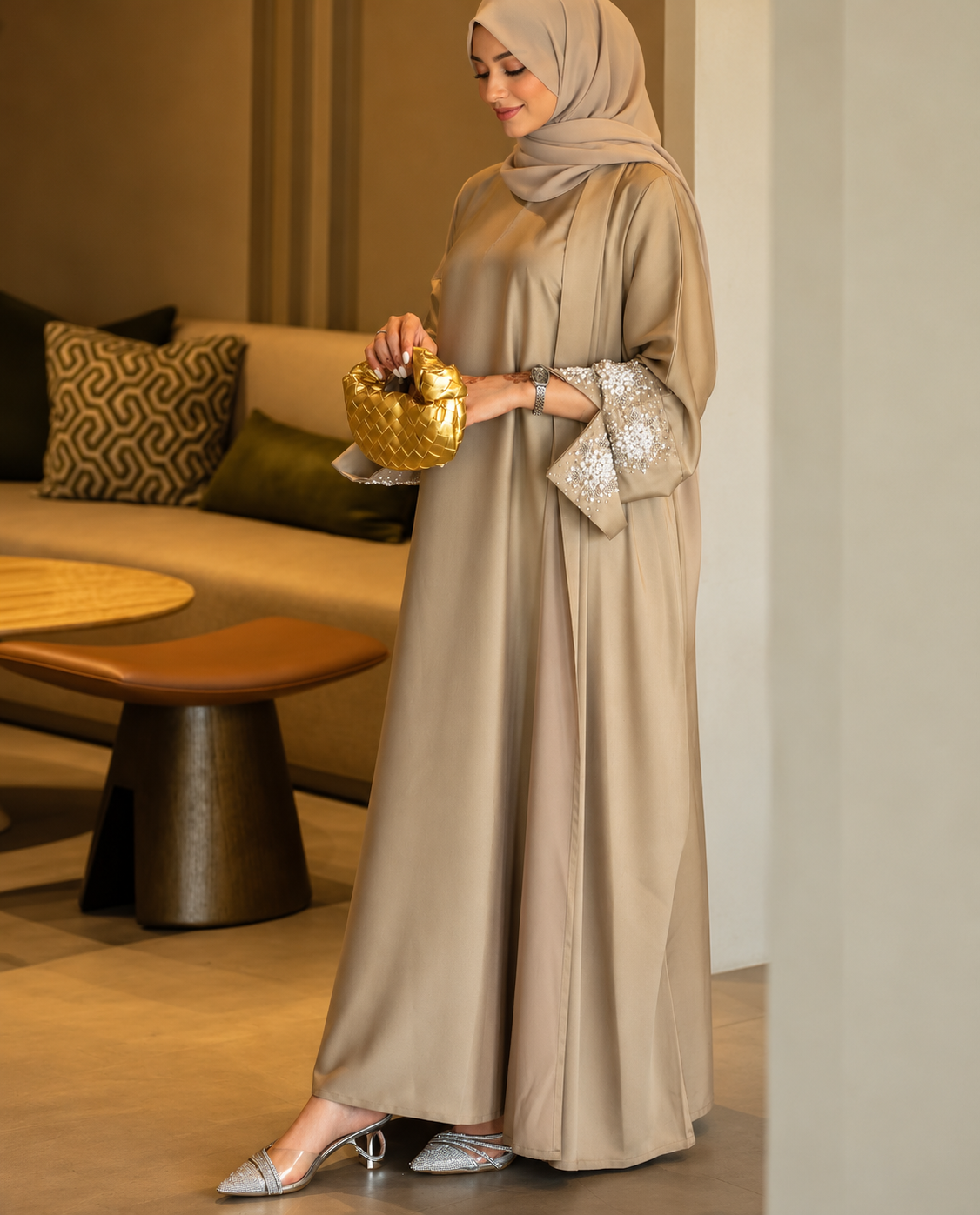 Champagne Beige Armani Silk Pearl Embellished Designer Abaya - 102602