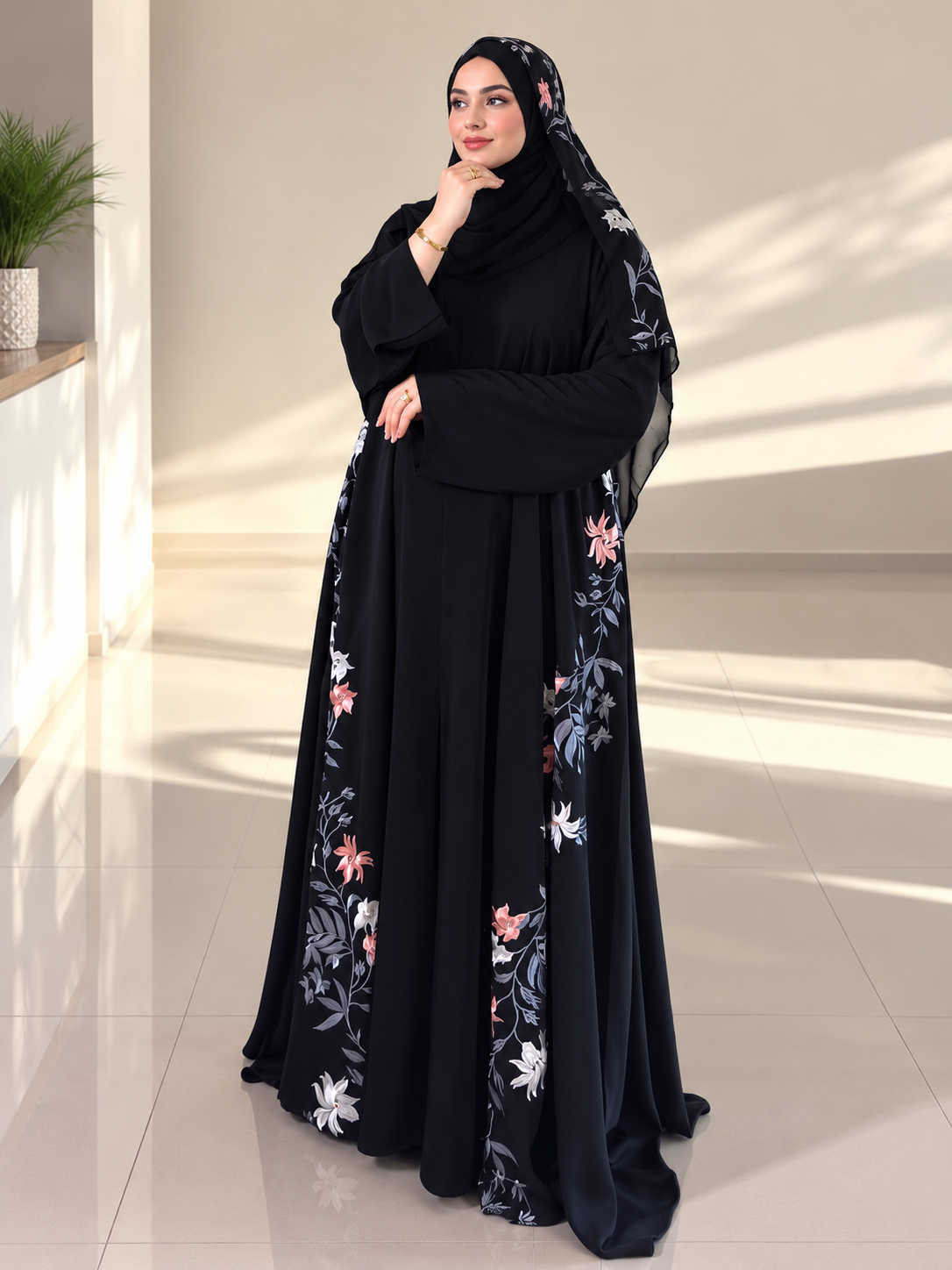 Black Floral Embroidered Designer Abaya with Matching Hijab - 102603