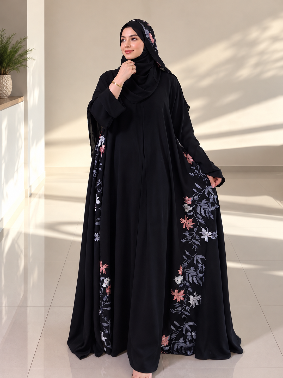 Black Floral Embroidered Designer Abaya with Matching Hijab - 102603