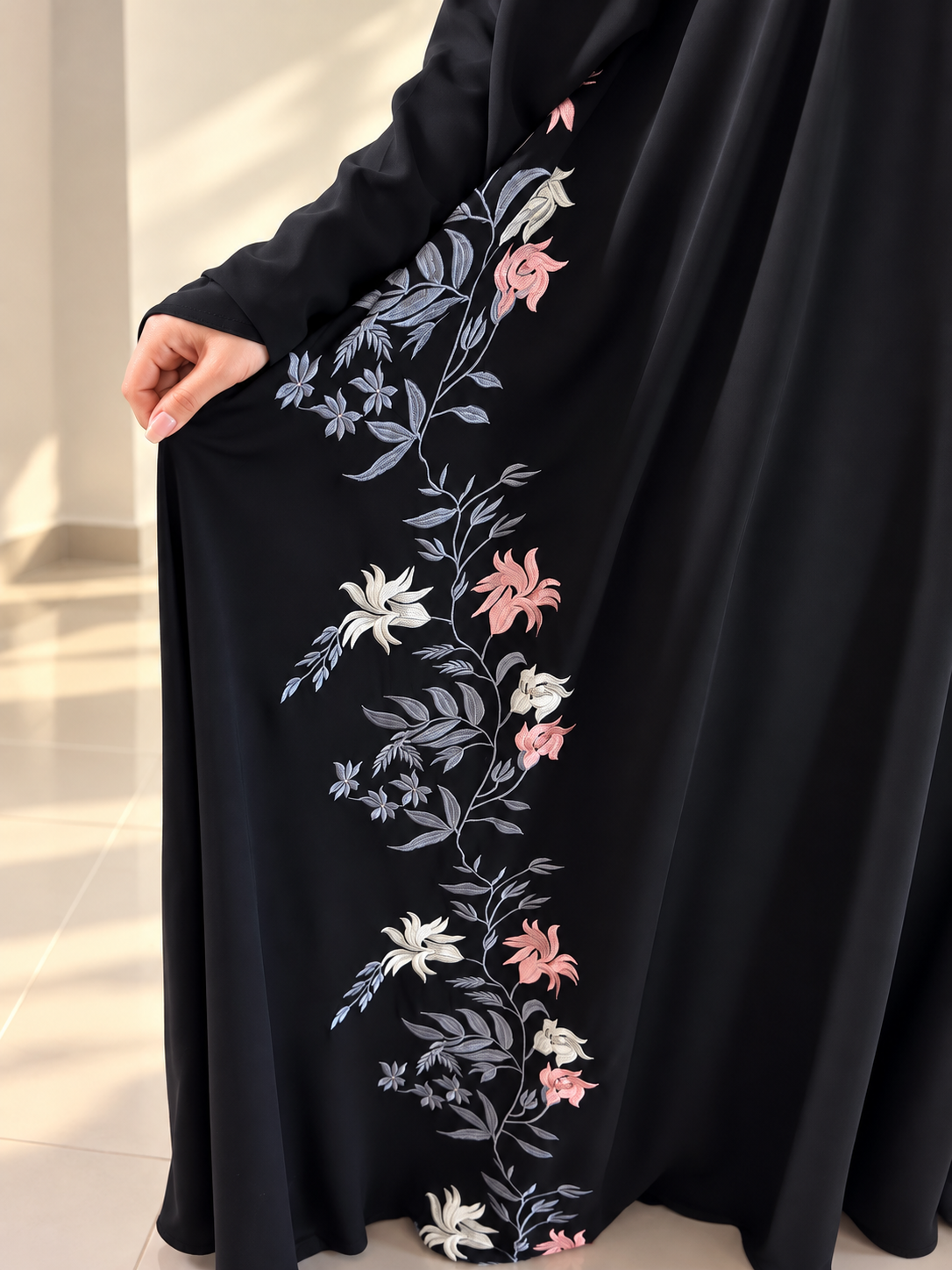 Black Floral Embroidered Designer Abaya with Matching Hijab - 102603