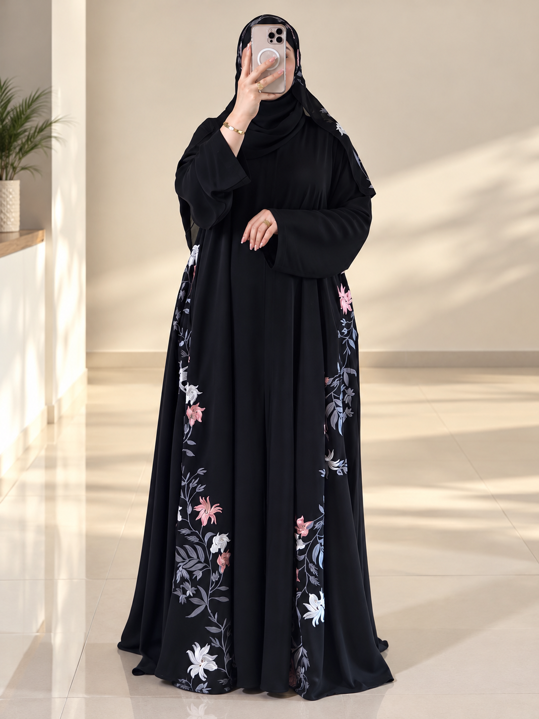 Black Floral Embroidered Designer Abaya with Matching Hijab - 102603