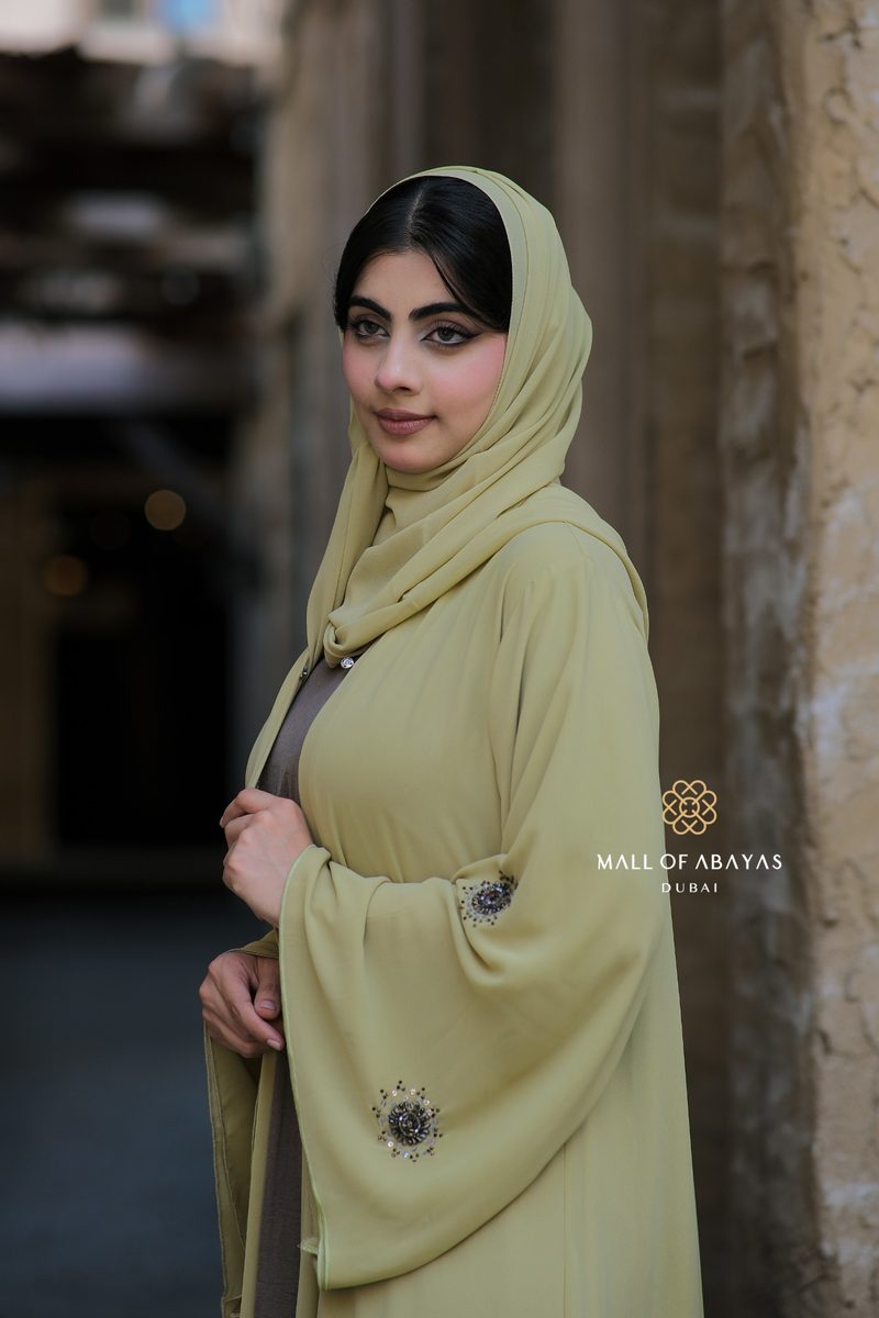 Pistachio Green Embellished Open Abaya Set - 0926141