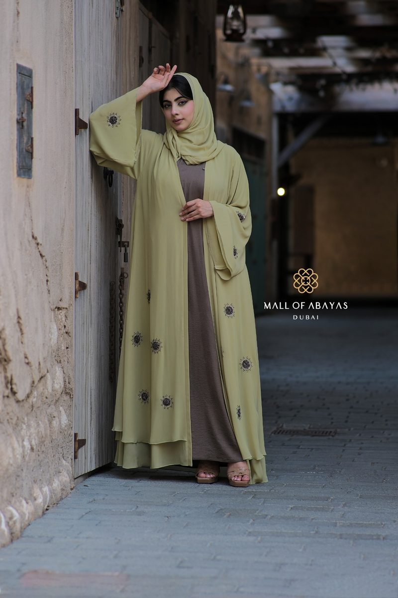 Pistachio Green Embellished Open Abaya Set - 0926141