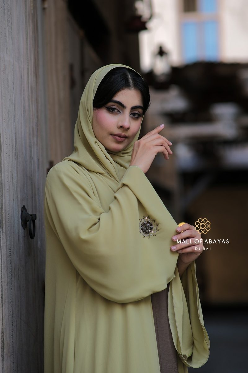 Pistachio Green Embellished Open Abaya Set - 0926141