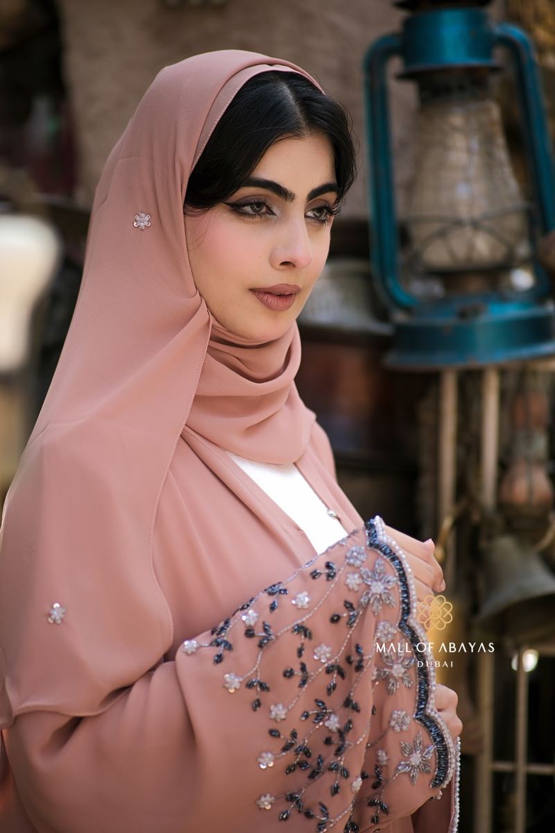 Blush Rose Embellished Chiffon Abaya Set - 0926153