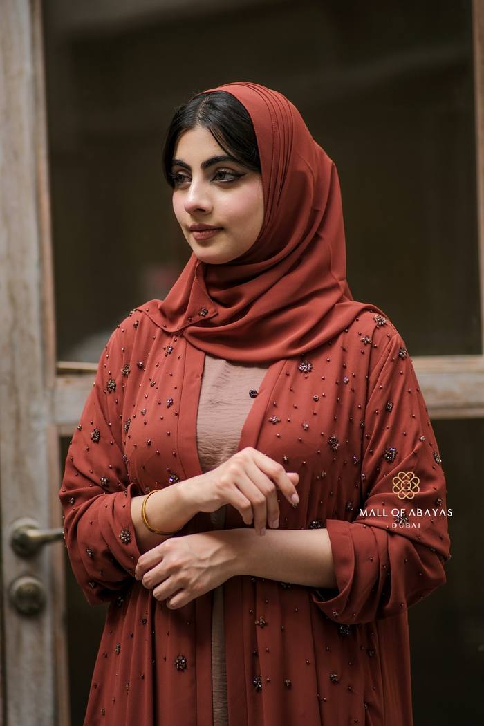 Terracotta Rust Beaded Floral Open Abaya Set 0926142