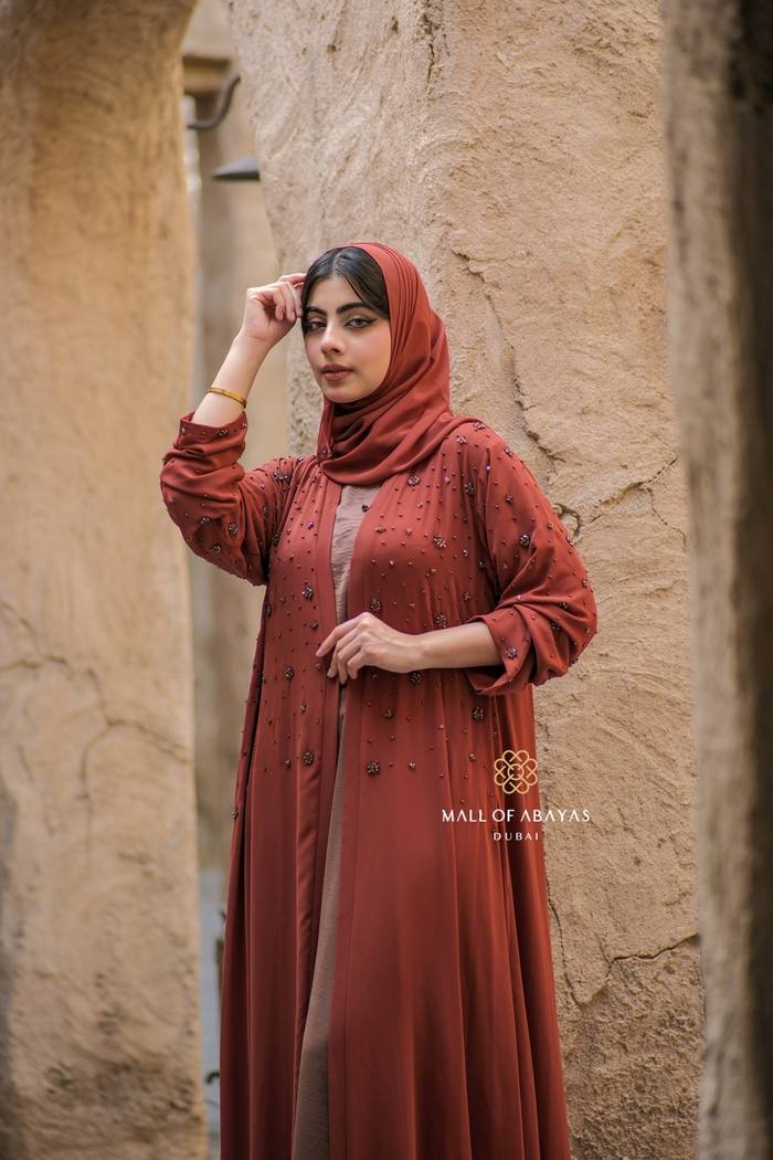 Terracotta Rust Beaded Floral Open Abaya Set 0926142