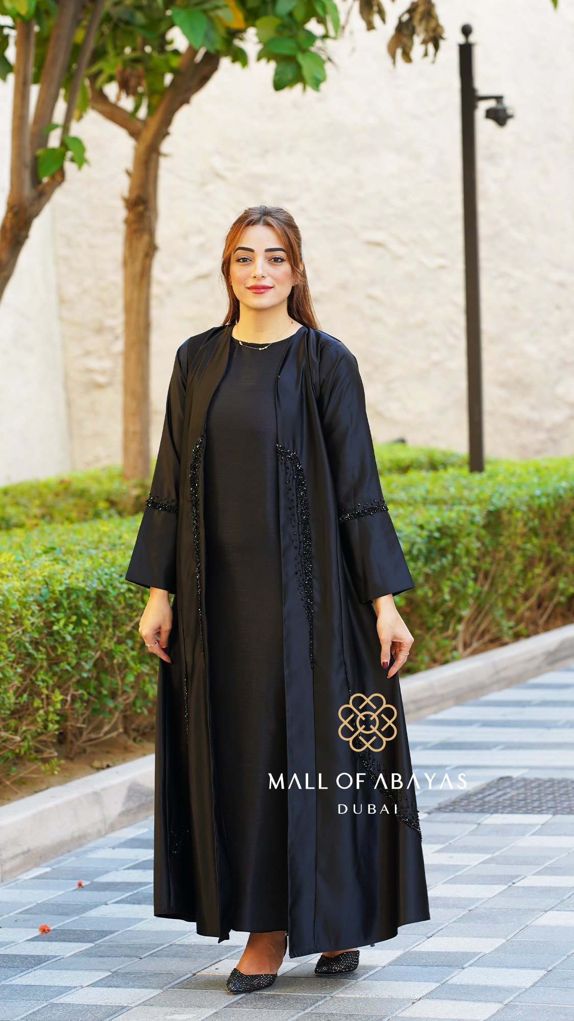 Black Beaded Open-Front Abaya with Inner Dress - 0926105