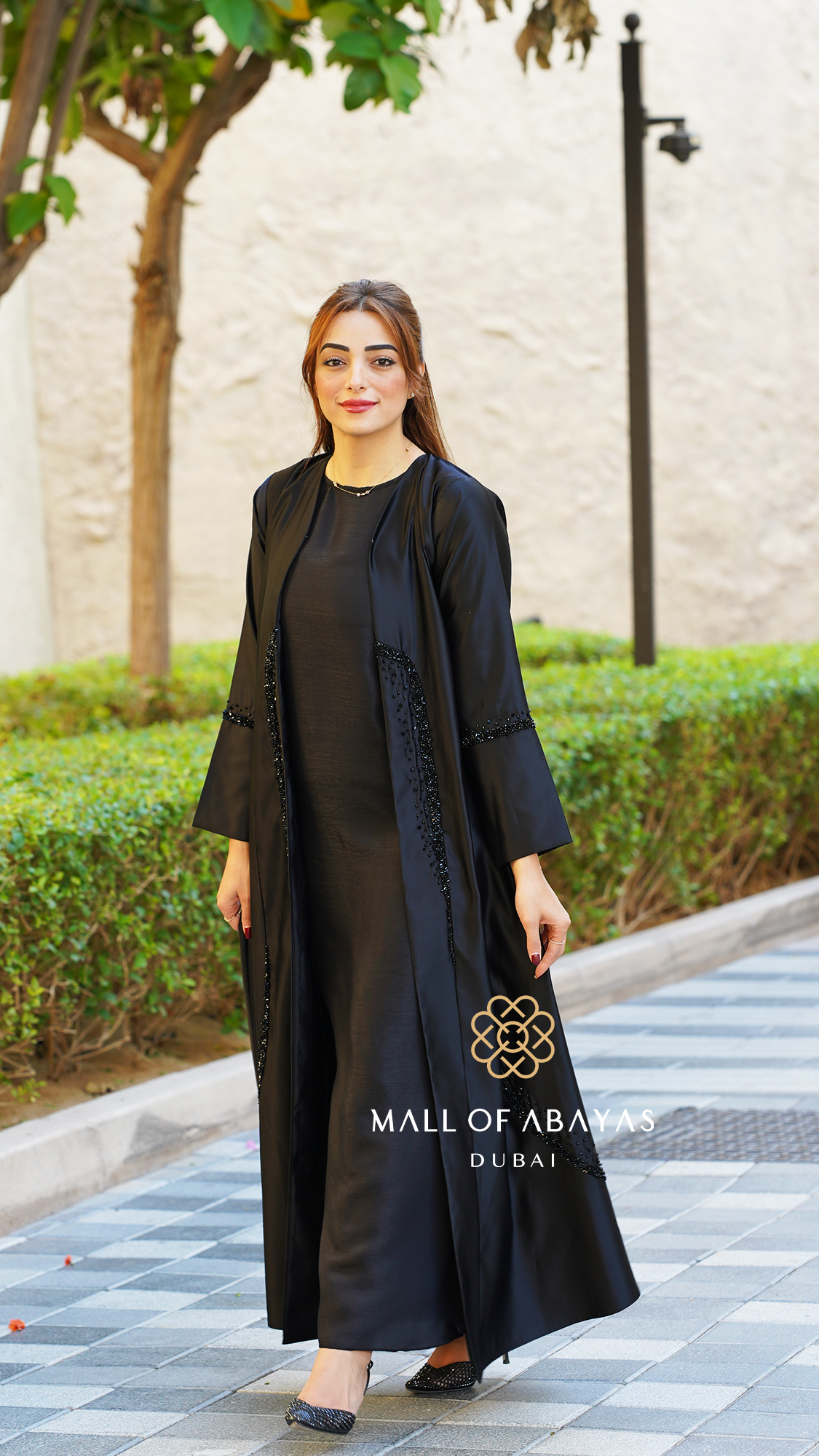 Black Beaded Open-Front Abaya with Inner Dress - 0926105