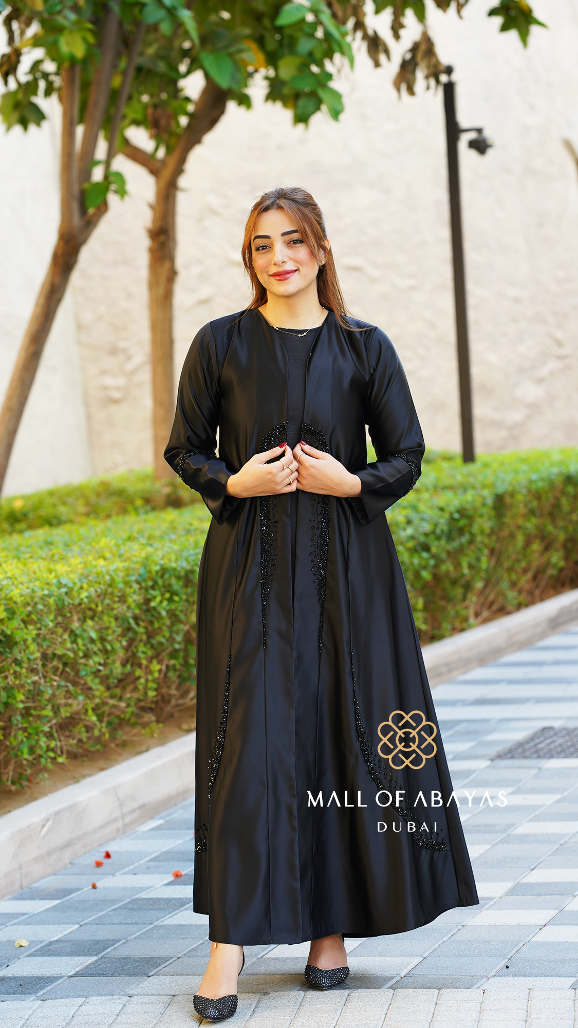 Black Beaded Open-Front Abaya with Inner Dress - 0926105