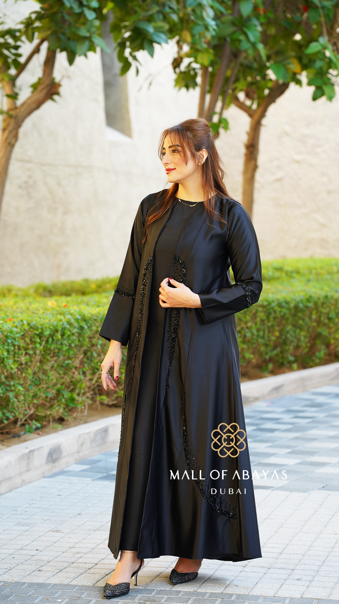 Black Beaded Open-Front Abaya with Inner Dress - 0926105