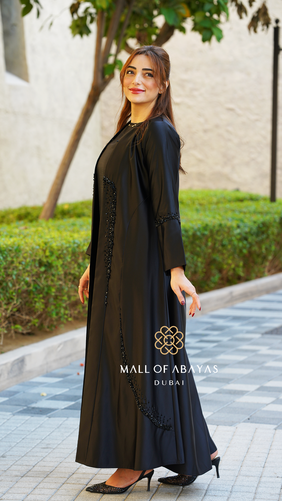 Black Beaded Open-Front Abaya with Inner Dress - 0926105
