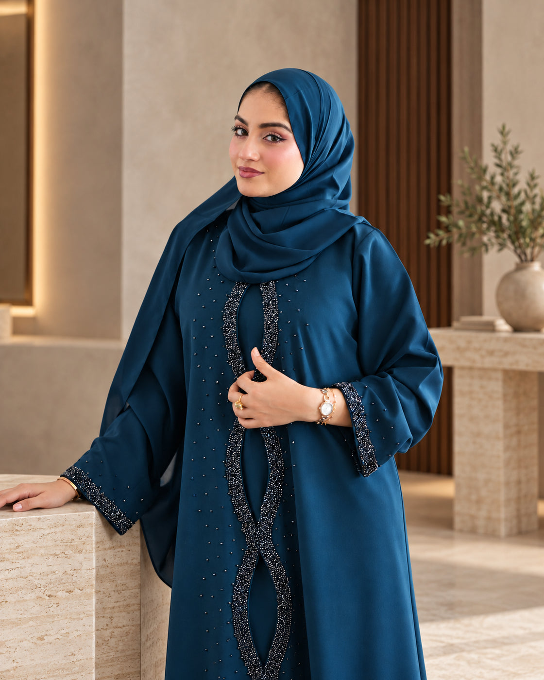 Teal Blue Beaded Embellished Abaya - 0926193